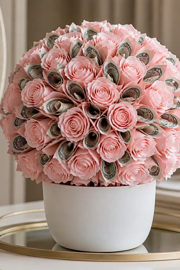 Blush paper roses on a white foam ball with small bill sleeves tucked between stems