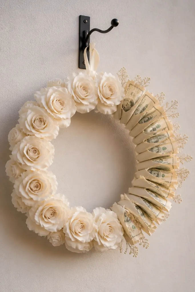 Cream paper rose wreath ring with folded bills tucked on the right side under leaves