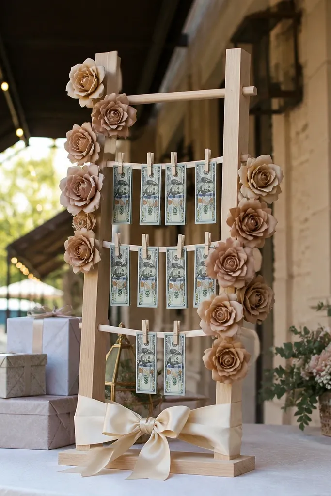 Two vertical dowels with tall paper rose clusters and folded bills clipped between ribbons