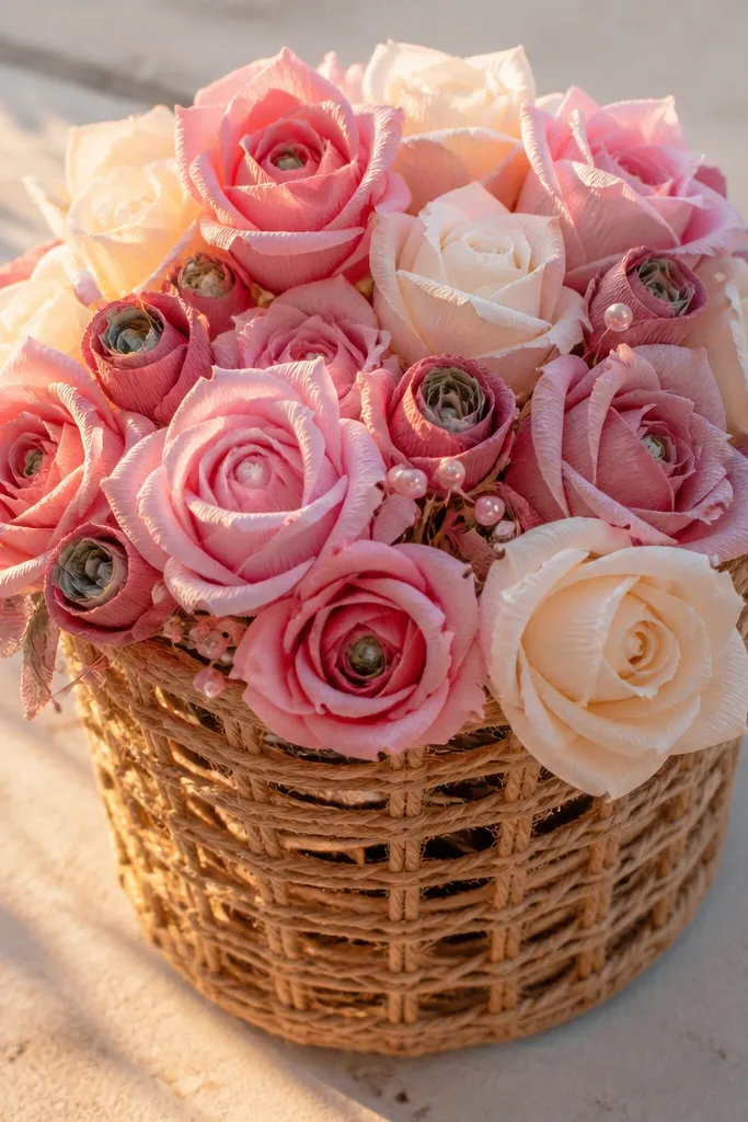 Small woven basket style holder with paper roses and red paper money berry accents