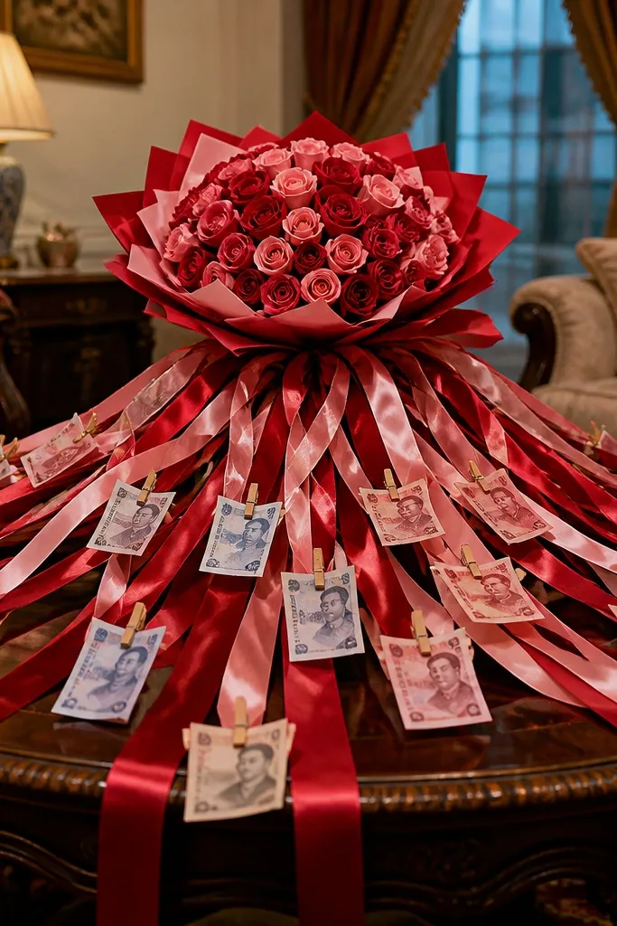 Paper rose buds on a base with long ribbon tails and hanging bill drops