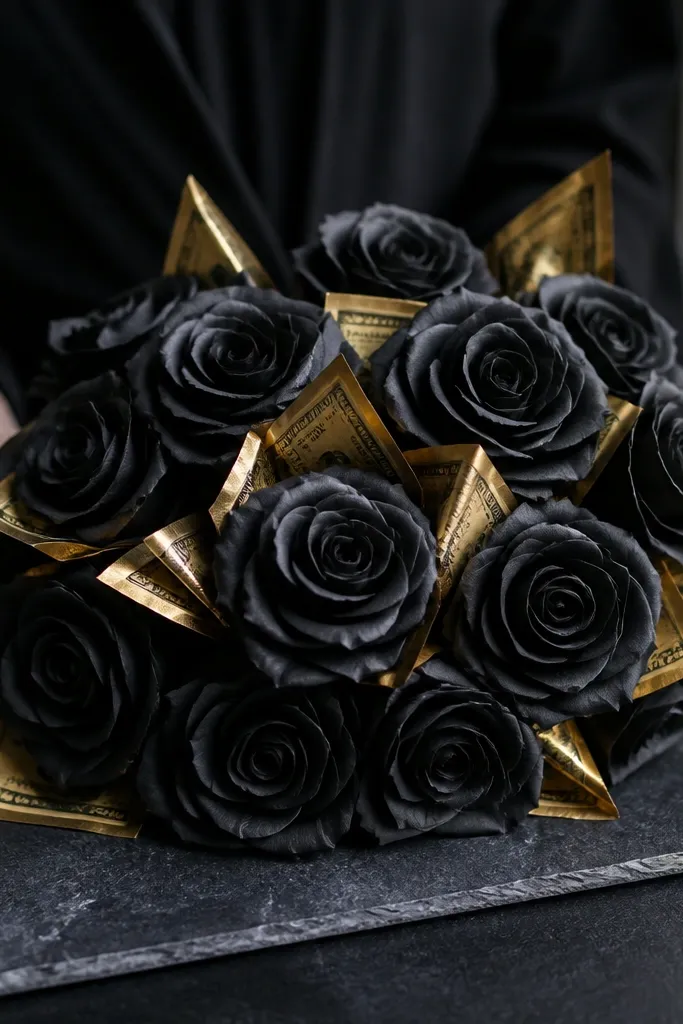 Black paper roses with gold money tucked under petals and accents in matte gold