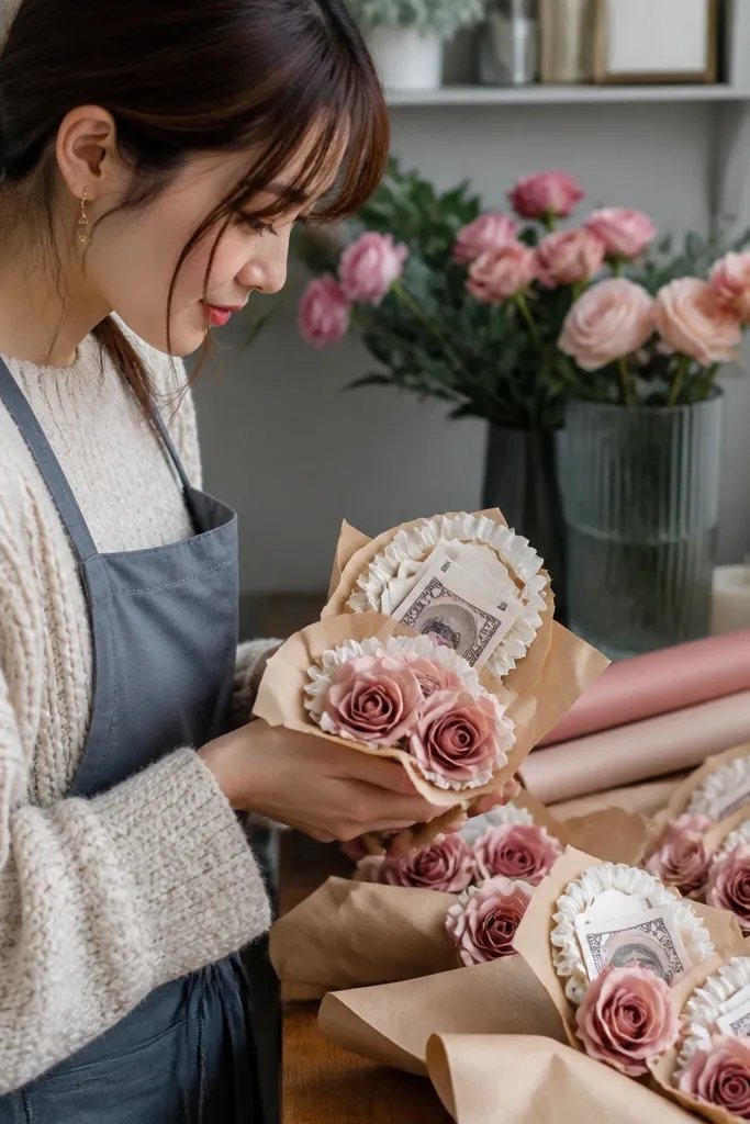 Dusty rose paper roses with small ruffled paper envelopes holding folded bills