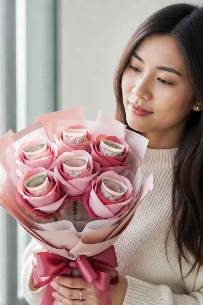 Pink ombré paper roses with clear sleeve pockets showing folded bills