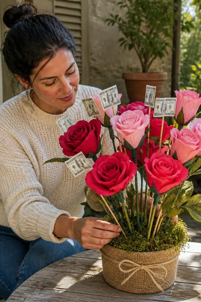 Crepe paper rose garden bouquet with small money tags on stakes