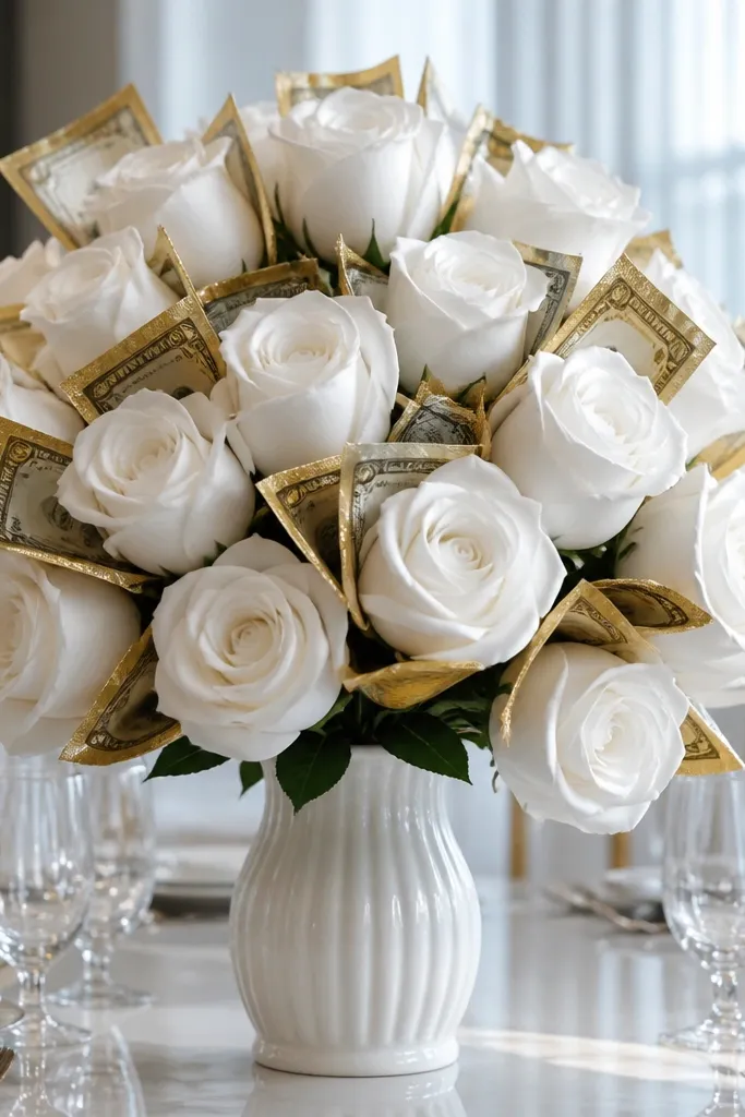 White paper roses with gold foil money accents tucked behind petals and bows