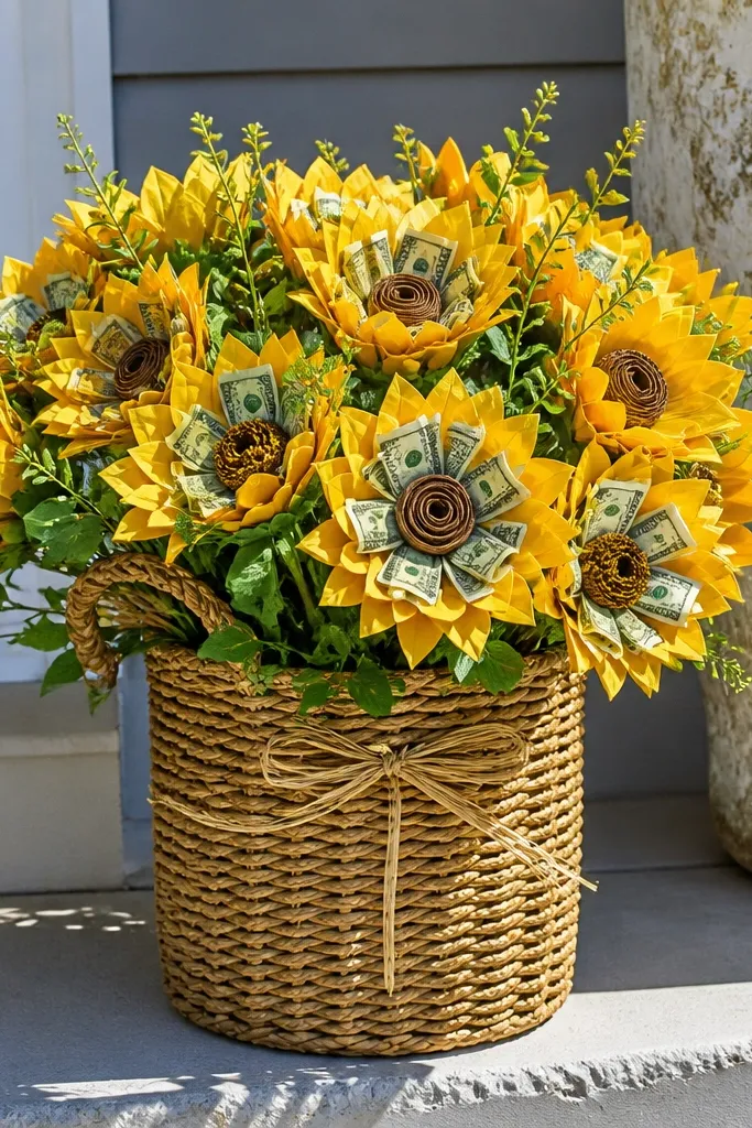 Sunflower-style paper roses with yellow centers and folded bills tucked into the petals
