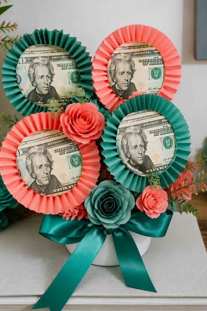 Teal and coral paper roses with small rosette holders holding folded bills