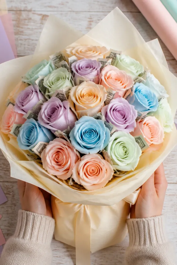 Pastel rainbow paper roses with small hidden money bands under petal clusters