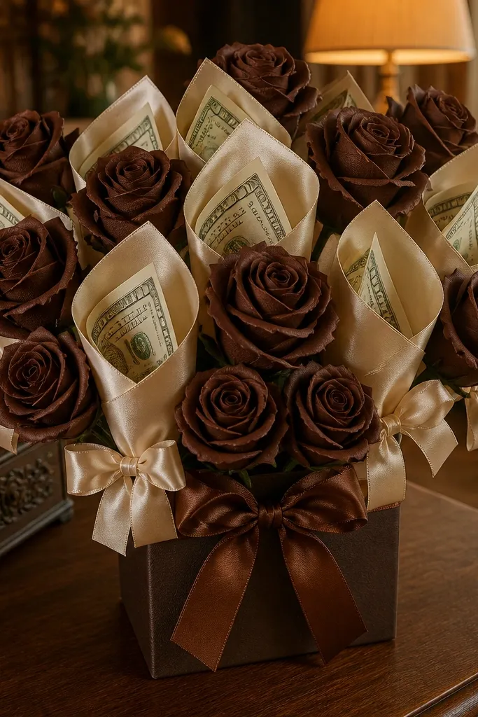 Chocolate brown paper roses with cream ribbon pockets holding folded bills