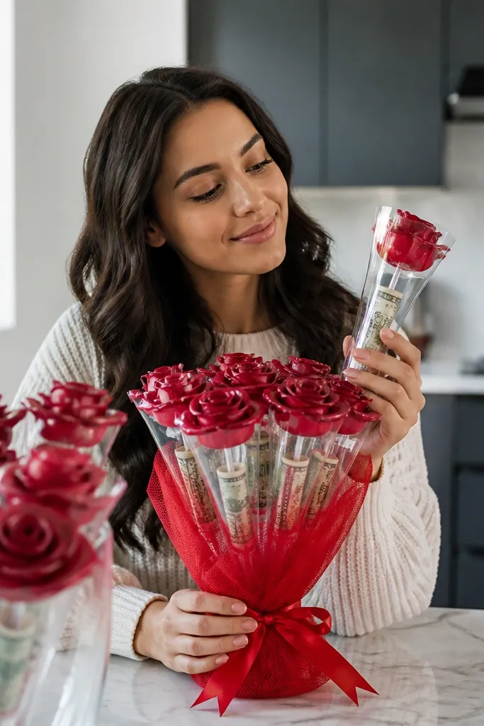 Red paper roses with clear bud holders containing folded bills