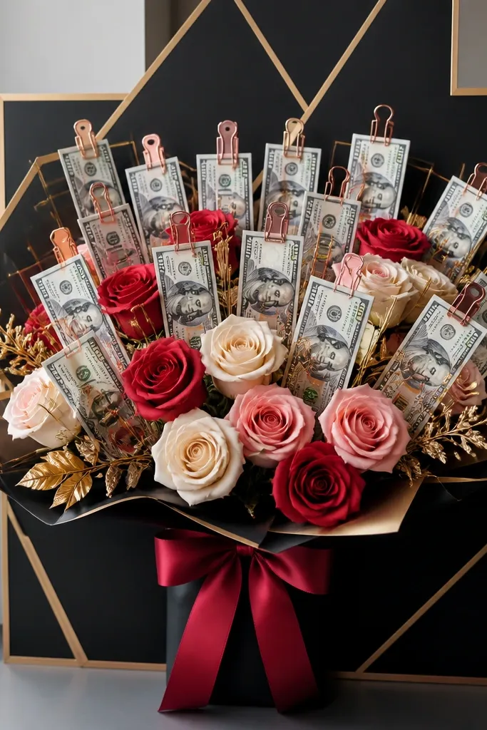 Black and gold geometric bouquet with paper roses and small money pegs attached