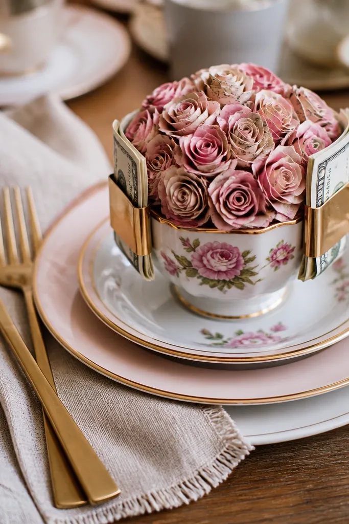 Mini paper roses spilling from a teacup with bills clipped on the side