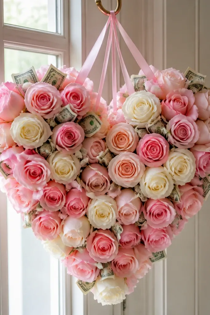 Heart-shaped hanging frame covered in paper roses with folded bills tucked behind petals