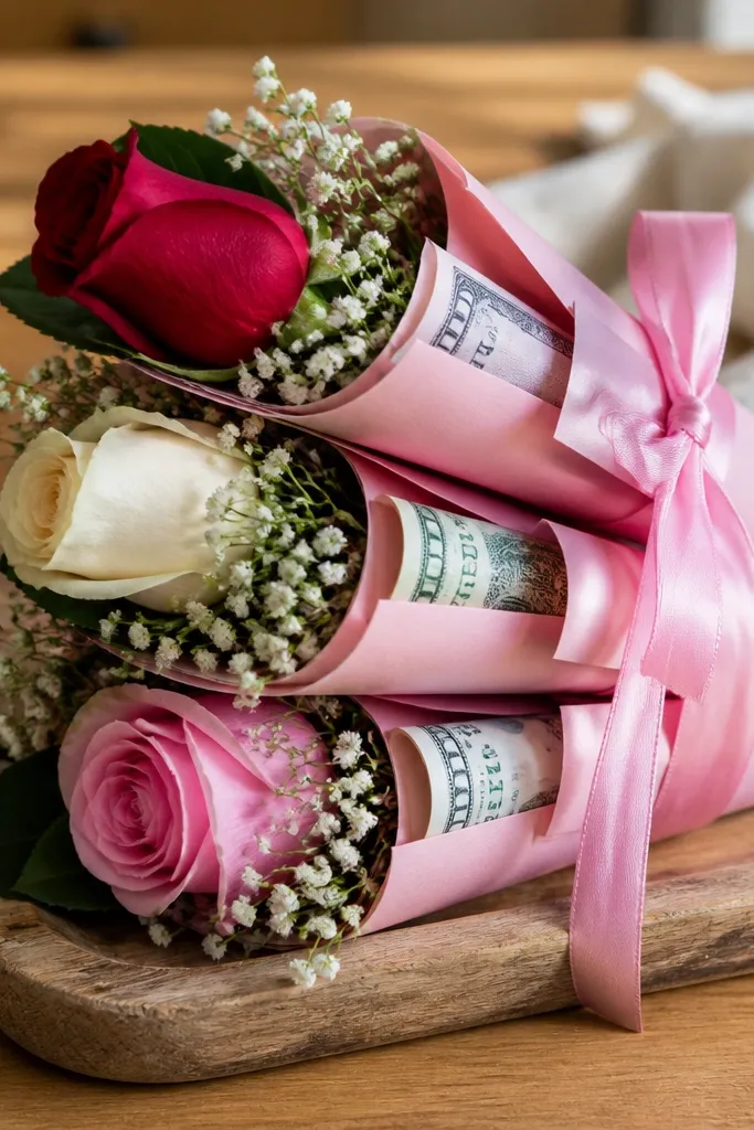 Stacked mini bouquets with rose bud toppers and small folded bills tucked into each