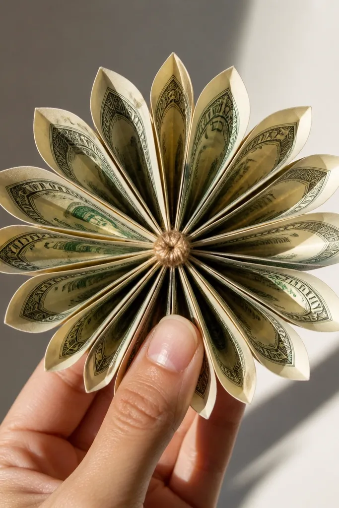 Folded bills arranged like fan petals around a small center knot