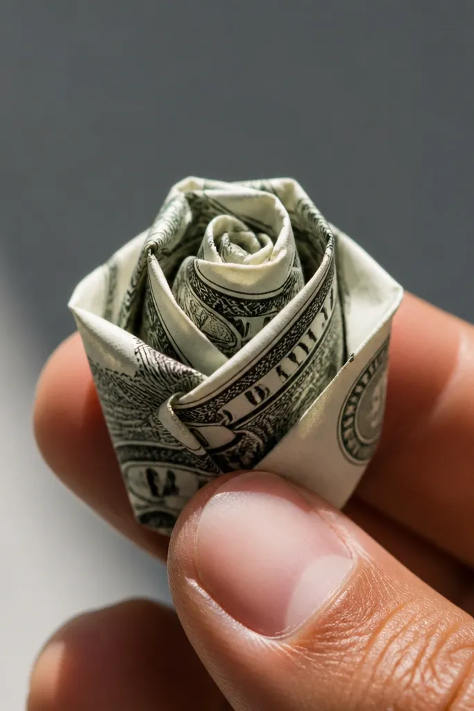 Three folded bill layers forming a tight rose bud shape