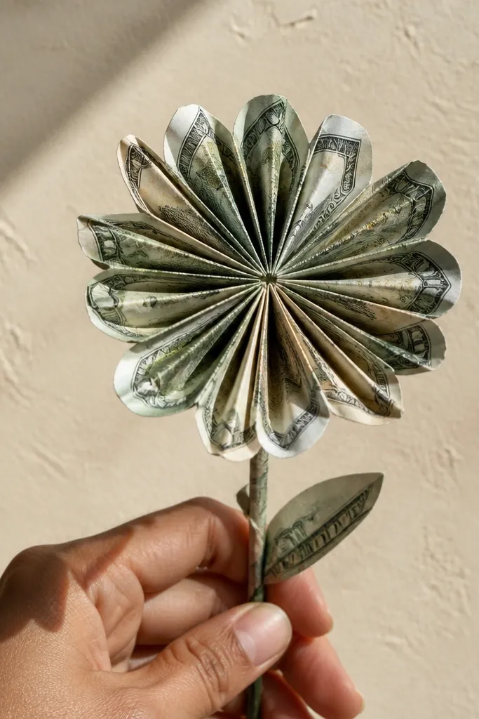 Accordion-folded bill stripes fanned into a flower