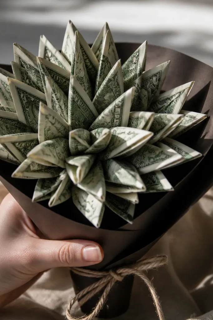 Triangular folded bills arranged like spiky flower petals