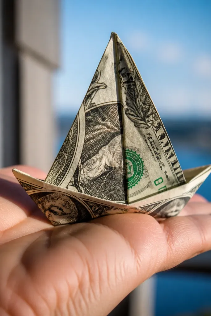 Bill folded like a sailboat with a pointed top and curved base