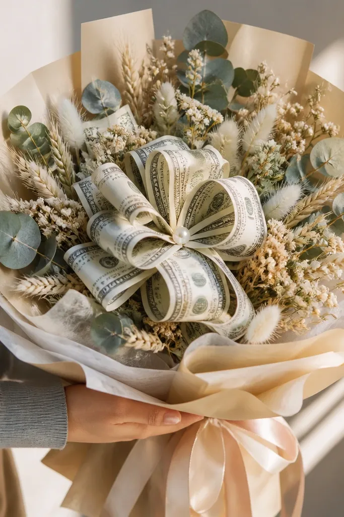 Money bouquet pieces around a ribbon-style bill bow center
