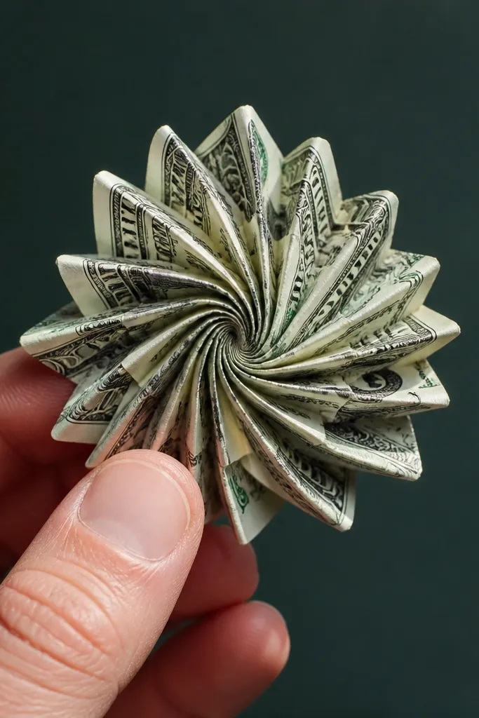Bill folded into an accordion spiral pinwheel petal