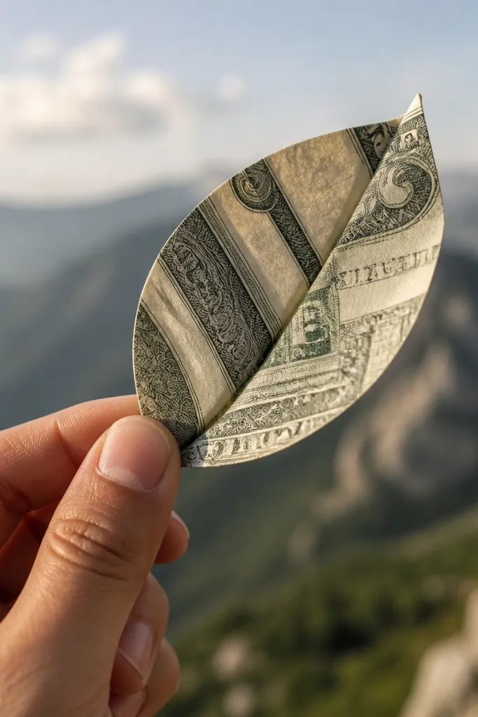 Z-fold bill shaped into a leaf with curved edges