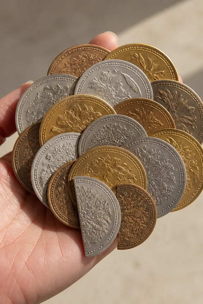 Half-circle scallop money pieces layered into a flower-like cluster