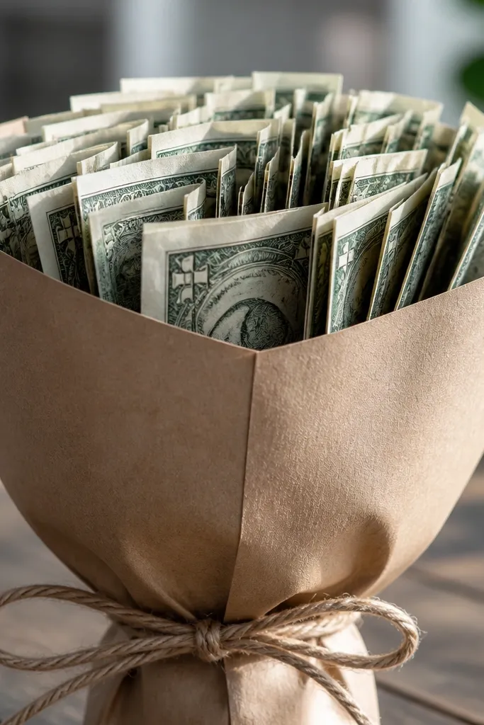 Matte brown kraft paper wrapped tightly around a cash bouquet bundle