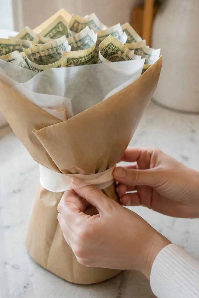 Thin waxed paper liner between ribbon and wrapped cash bills