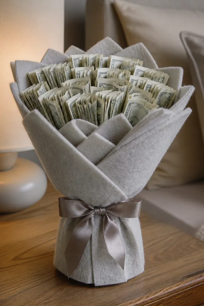 Thin gray craft felt wrapped around a cash bouquet with an elastic band underneath