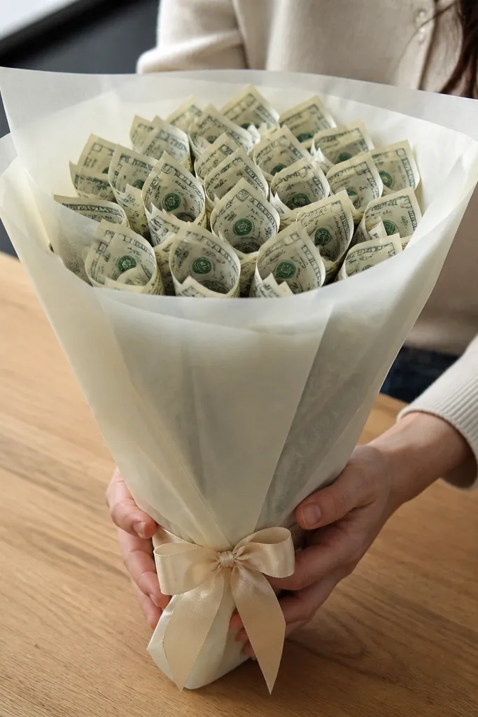 Matte tissue paper wrapped around a cash bouquet, taped at the seam