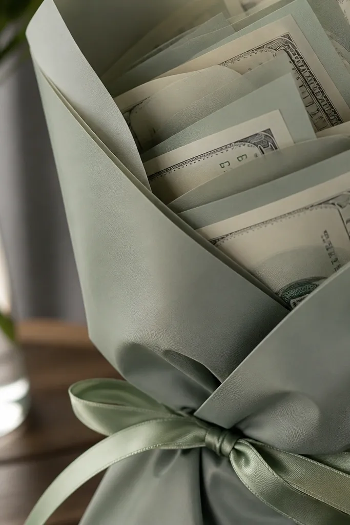 Thin matte satin ribbon wrapped around cash bouquet with sealed edges