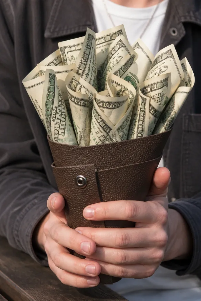 Thin faux leather strip wrapped around cash bouquet with neat overlap