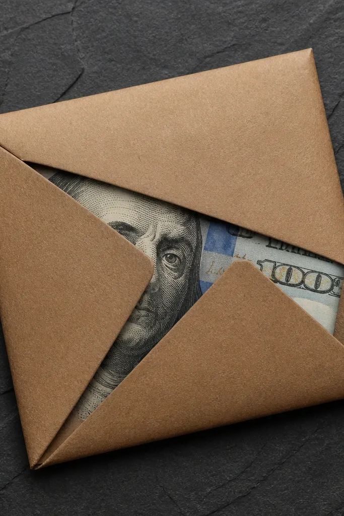 Coffee-brown paper wrapped around cash bouquet with controlled corner creases