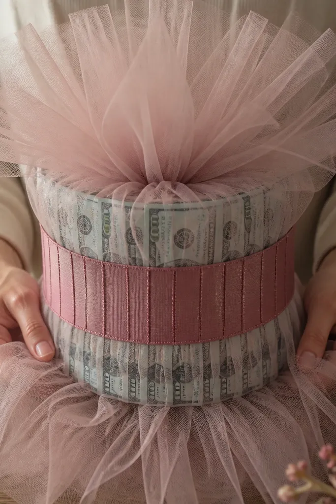 Tulle outer layer with a tight ribbon band holding cash bouquet shape