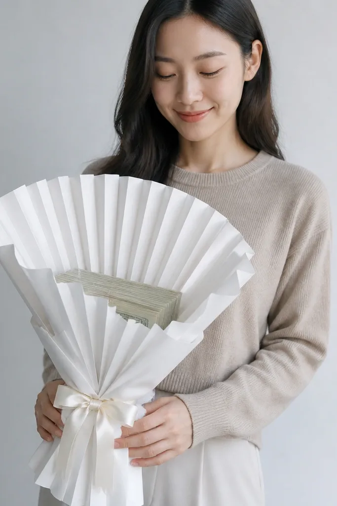 Paper fan style wrap around cash bouquet with tape spine at the back