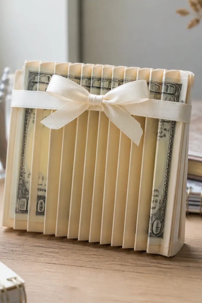 Accordion-fold craft paper sleeve around cash bouquet with ribbon band at top