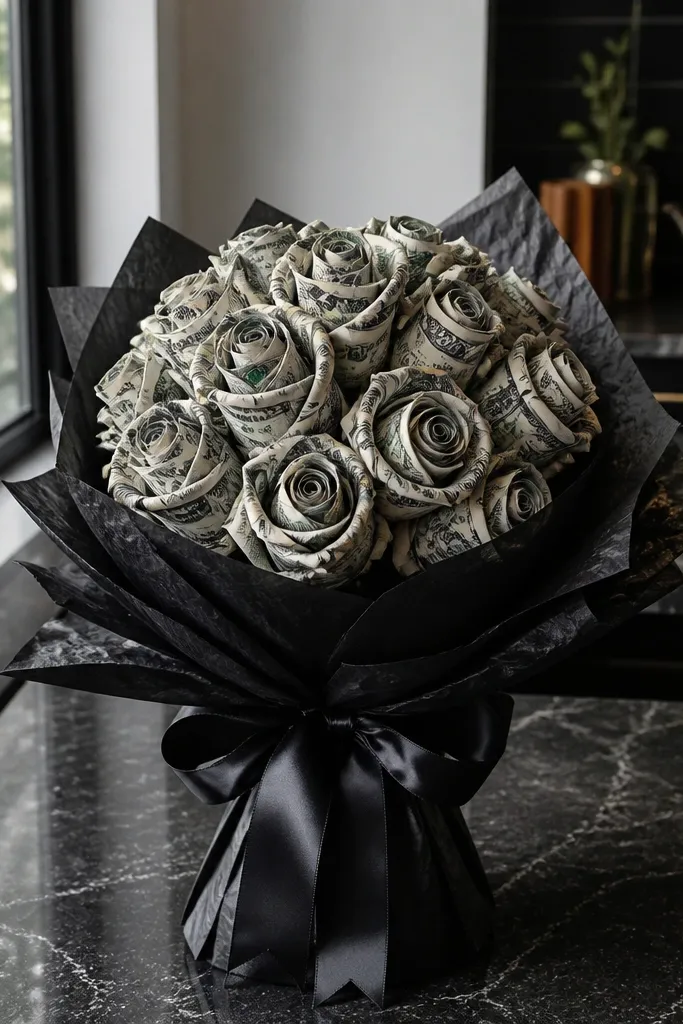 Rolled paper money roses with dark ribbon in a black tissue bouquet wrap