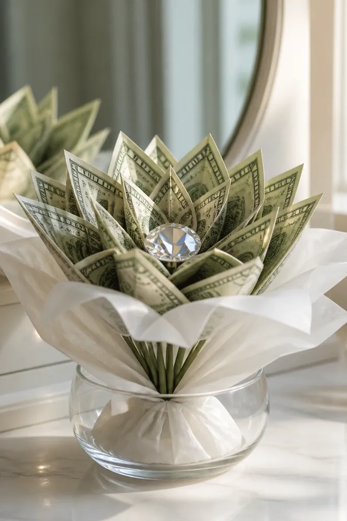 Lotus-shaped folded money petals with a clear center embellishment