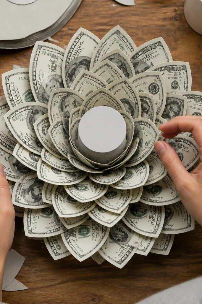 Layered money bill petals with a stacked coin-like center