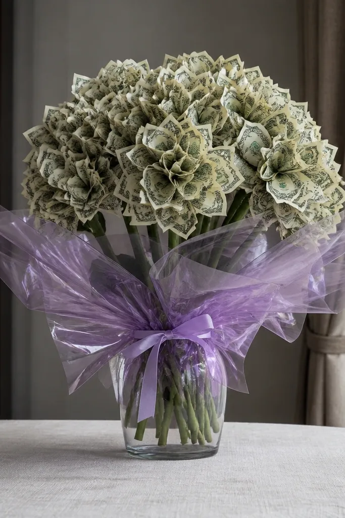 Small clustered money blooms in a clear vase wrapped with ribbon