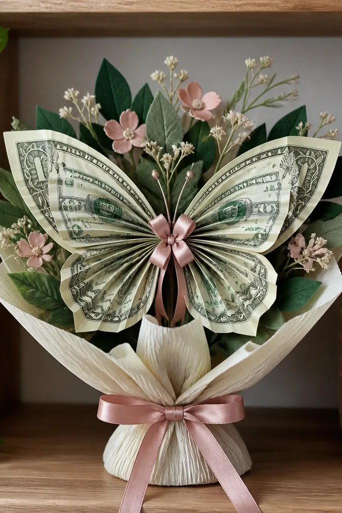 Butterfly-shaped money blooms with curled ribbon wings