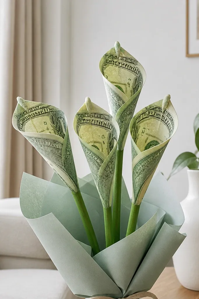 Elegant calla lily money blooms with smooth folded petal tubes