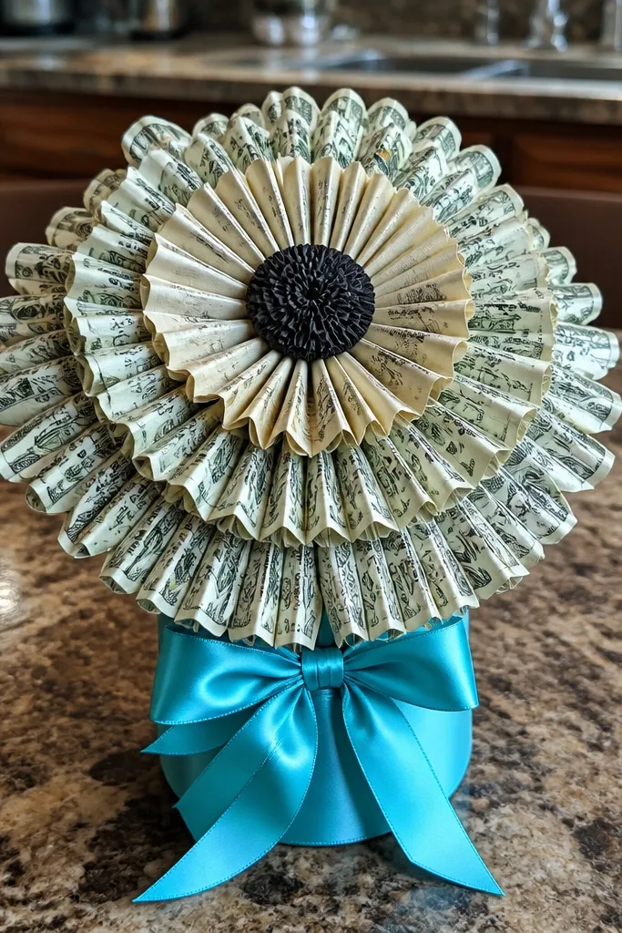 Accordion-fold money gerbera bloom with a bright ribbon ring around it