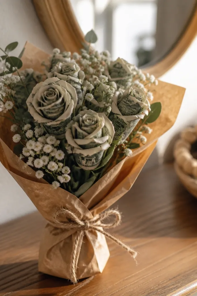 Small rose bud money flowers wrapped in kraft paper with twine