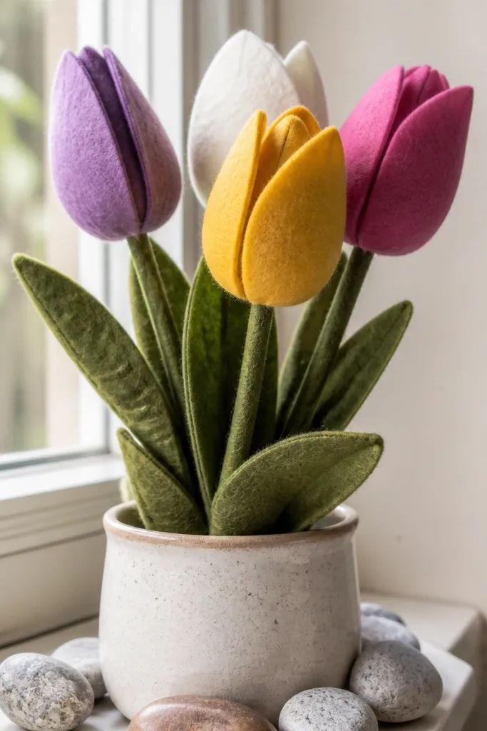 Tulip-shaped money blooms with felt green leaves and ribbon bow