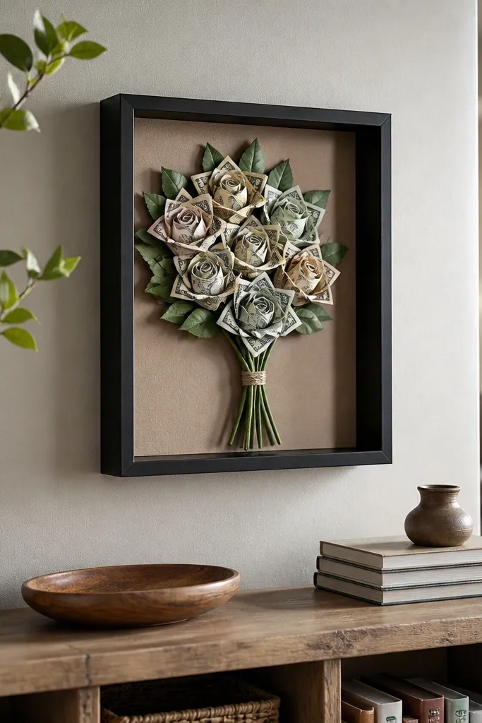 Small money flower bouquet inside a box frame with ribbon bow
