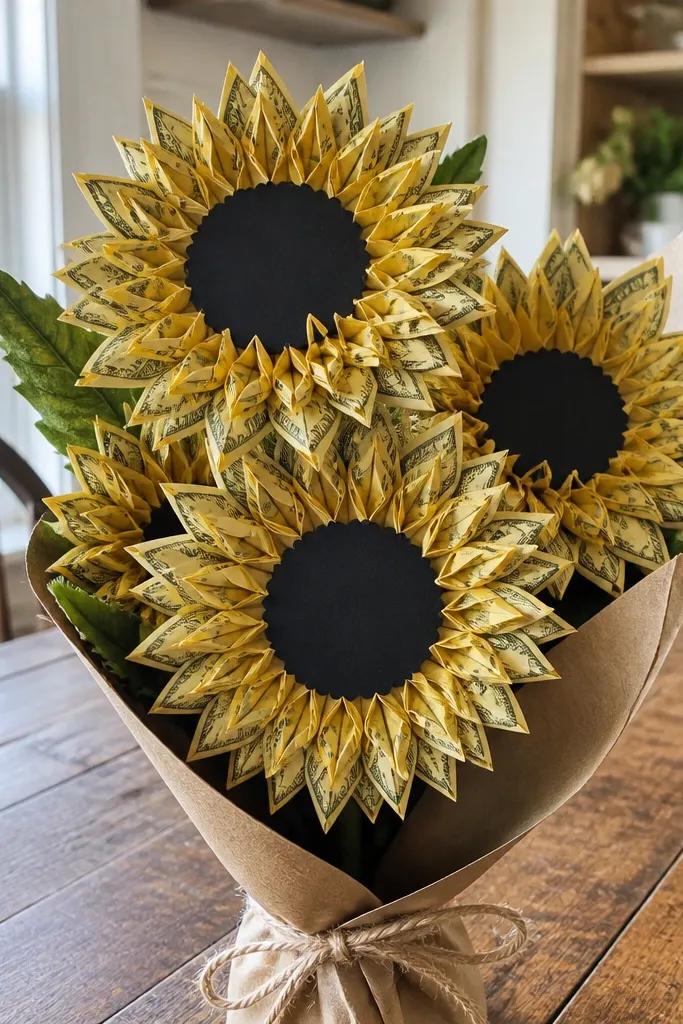 Sunflower-style money bouquet with yellow-toned petals and dark center circle