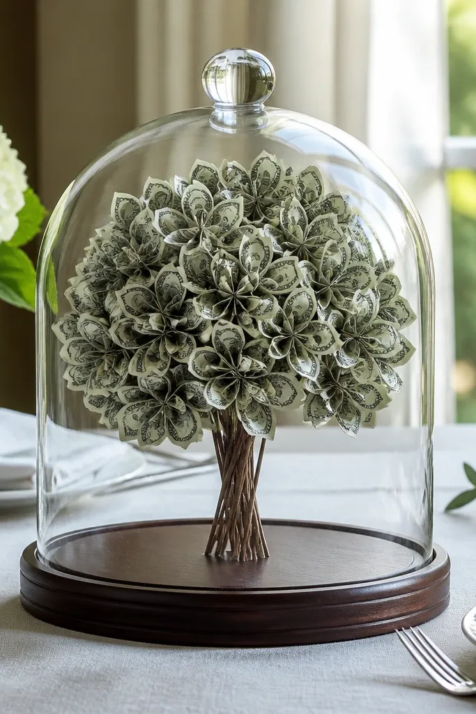 Money hydrangea cluster flowers under a clear cloche with ribbon base